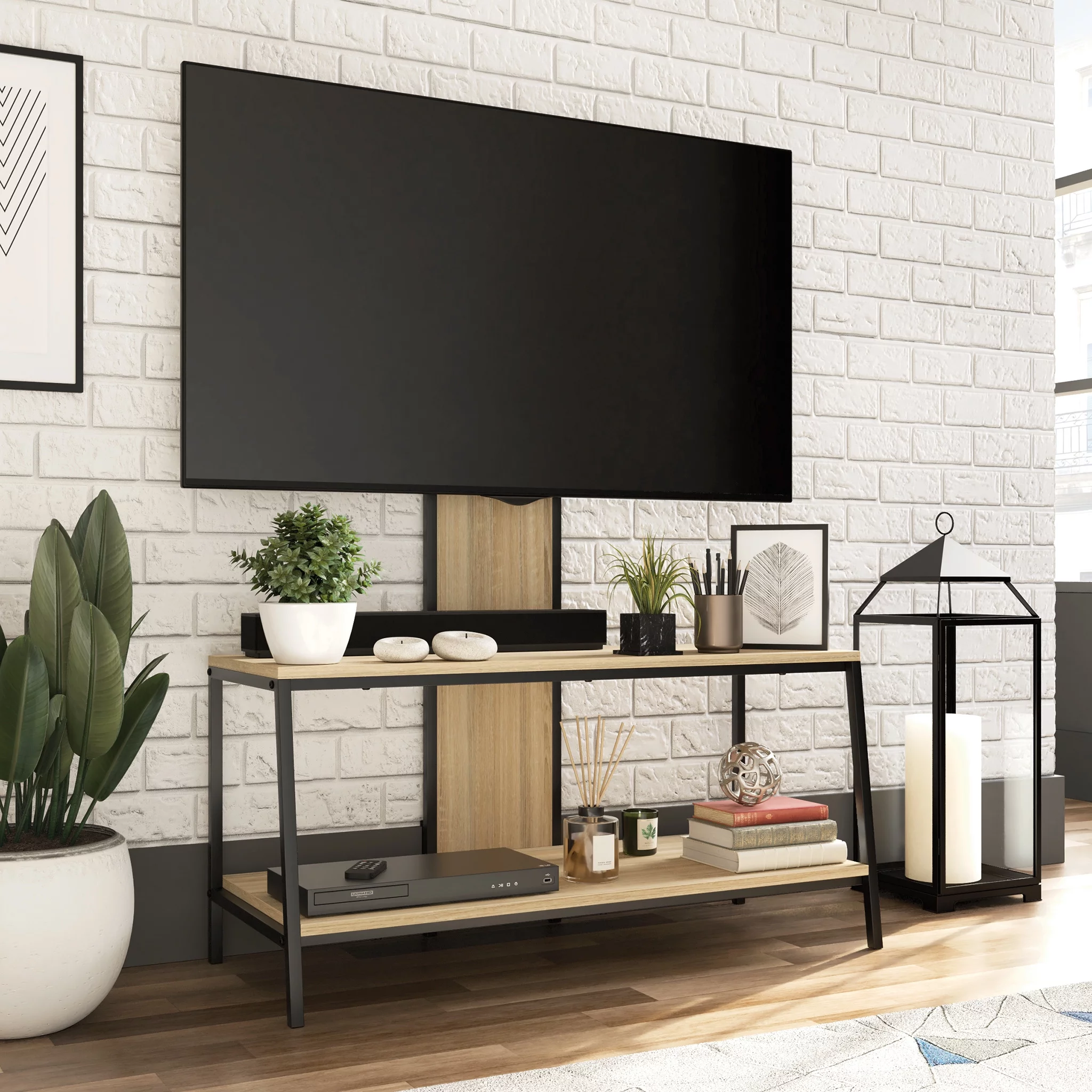 Sauder North Avenue Wood & Metal 2-Shelf TV Stand with Mount for TVs up to 50", Charter Oak Finish