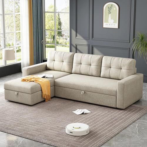 81.5'' L-Shape Sleeper Sectional Sofa with Storage Chaise and Pull-Out Bed, Living Room Convertible Couch Bed,W/ 3 Back Cushions & Breathable fabric