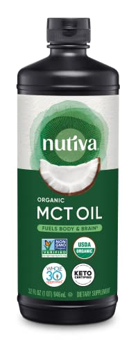 Nutiva Organic MCT Oil, Unflavored, 32 Oz, USDA Organic, Non-GMO, Non-BPA, Whole30 Approved, Vegan, Gluten-Free & Keto