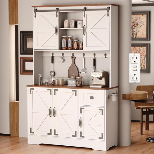 71" Kitchen Pantry Cabinet, Modern Kitchen Hutch Food Pantry with Charging Station and Microwave Stand, Pantry Storage Cabinets with Countertop