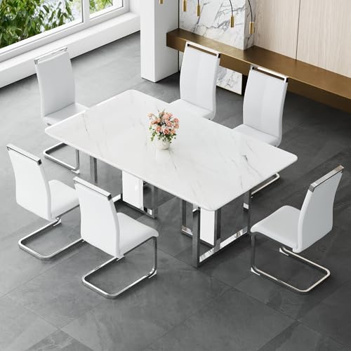 Dining Table Set for 6,Kitchen Table Chairs Set with Glossy Faux Mareble Table Top,67in White Rectangle Dining Room Table Set for 6