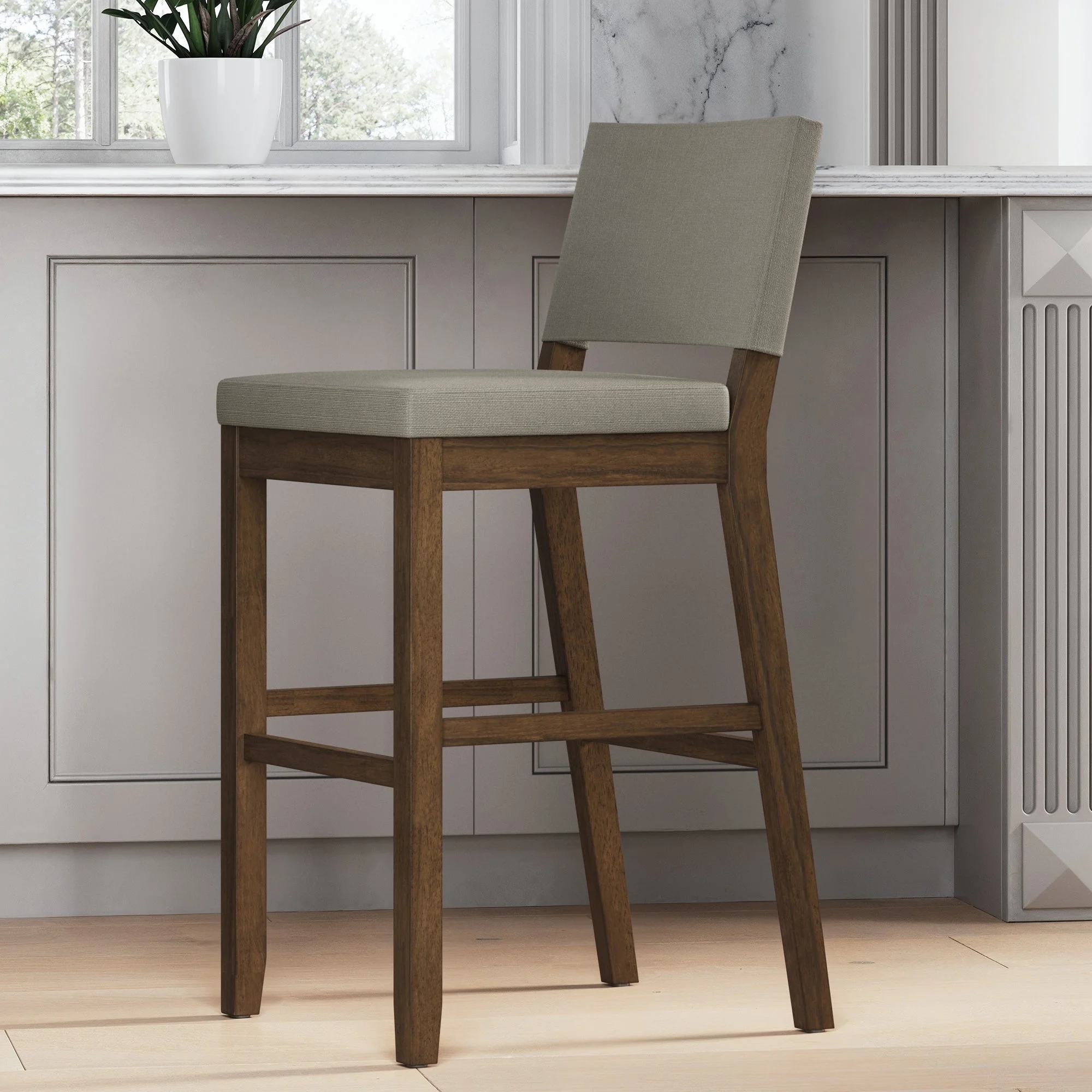 Nathan James Linus Modern Upholstered Bar Stool with Back and Solid Rubberwood Legs in a Wire-Brushed Finish, Light Gray/Dark Brown