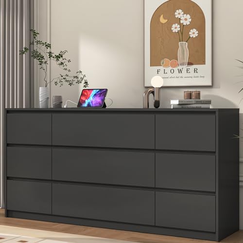 White Dresser for Bedroom, Modern 9 Drawer Dresser with Charging Station, 63 Inch Large Wood Chest of Drawers Handle Free, Long Dresser for Bedroom