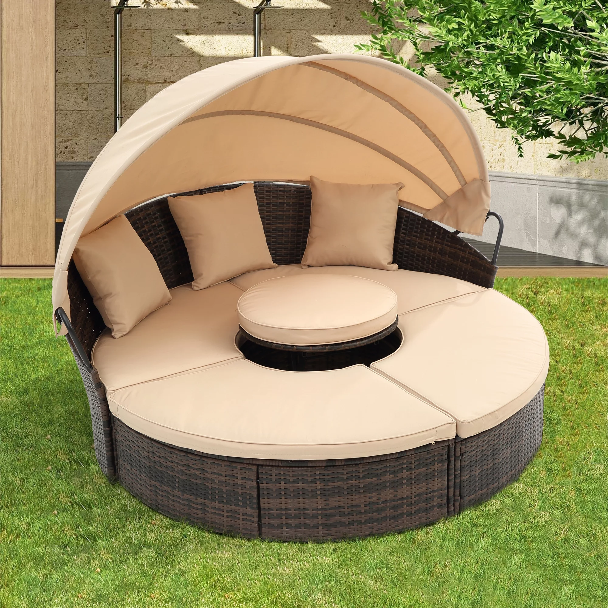 SZLIZCCC Outdoor Patio Daybed with Retractable Canopy, Rattan KD Wicker Daybed Outdoor with Lift Coffee Table