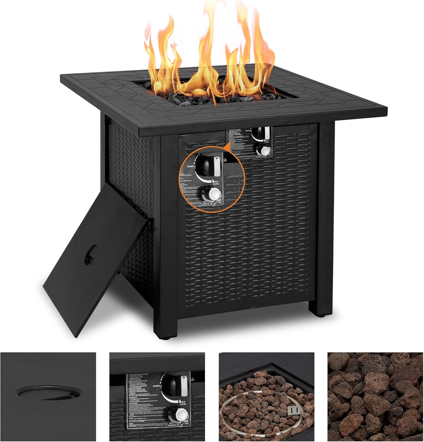 ECOTOUGE 28 Inch Propane Fire Pit Table(Wicker & Rattan, Square), 50,000 BTU Outdoor Gas Fire Table with Lava Stone, Lid