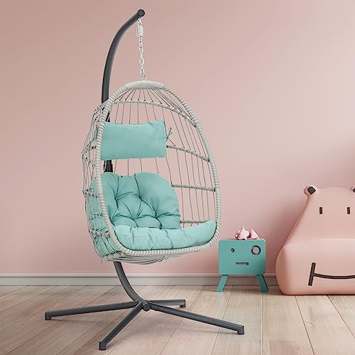 Brafab Hanging Egg Chair with Stand and Footrest, Wicker Egg Swing Chair Indoor Outdoor Aluminum-Steel Frame and UV Resistant Cushion