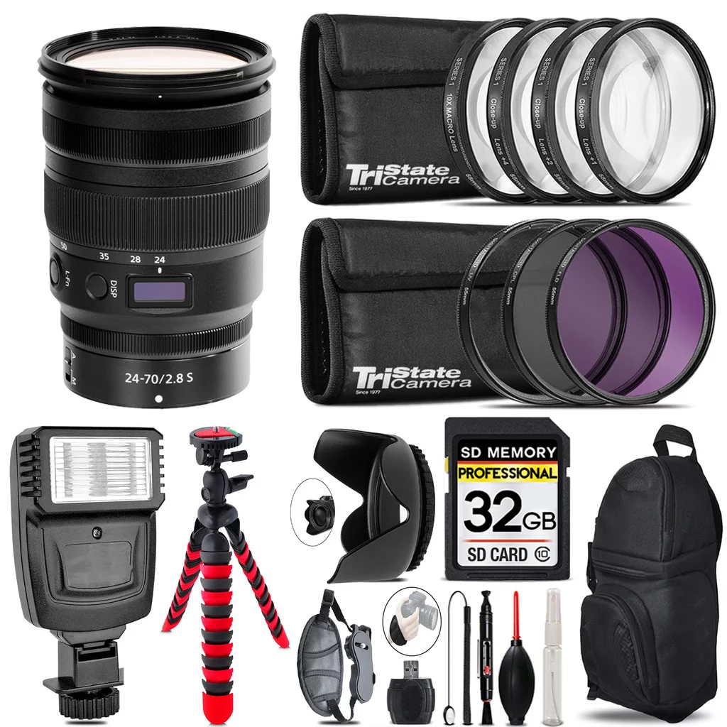Nikon NIKKOR Z 24-70mm f/2.8 S Lens+ Flash + Tripod & More - 32GB Accessory Kit - Curated Treasures Market