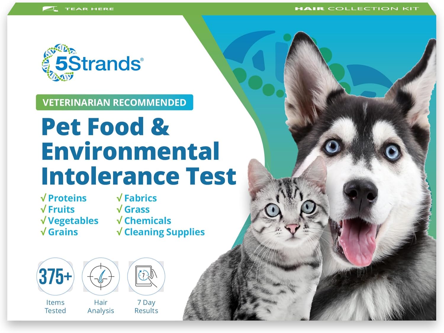 5Strands Pet Food and Environmental Intolerance Test, at Home Sensitivity Test for Dogs & Cats, Hair Sample Collection Kit, 395 Items Tested