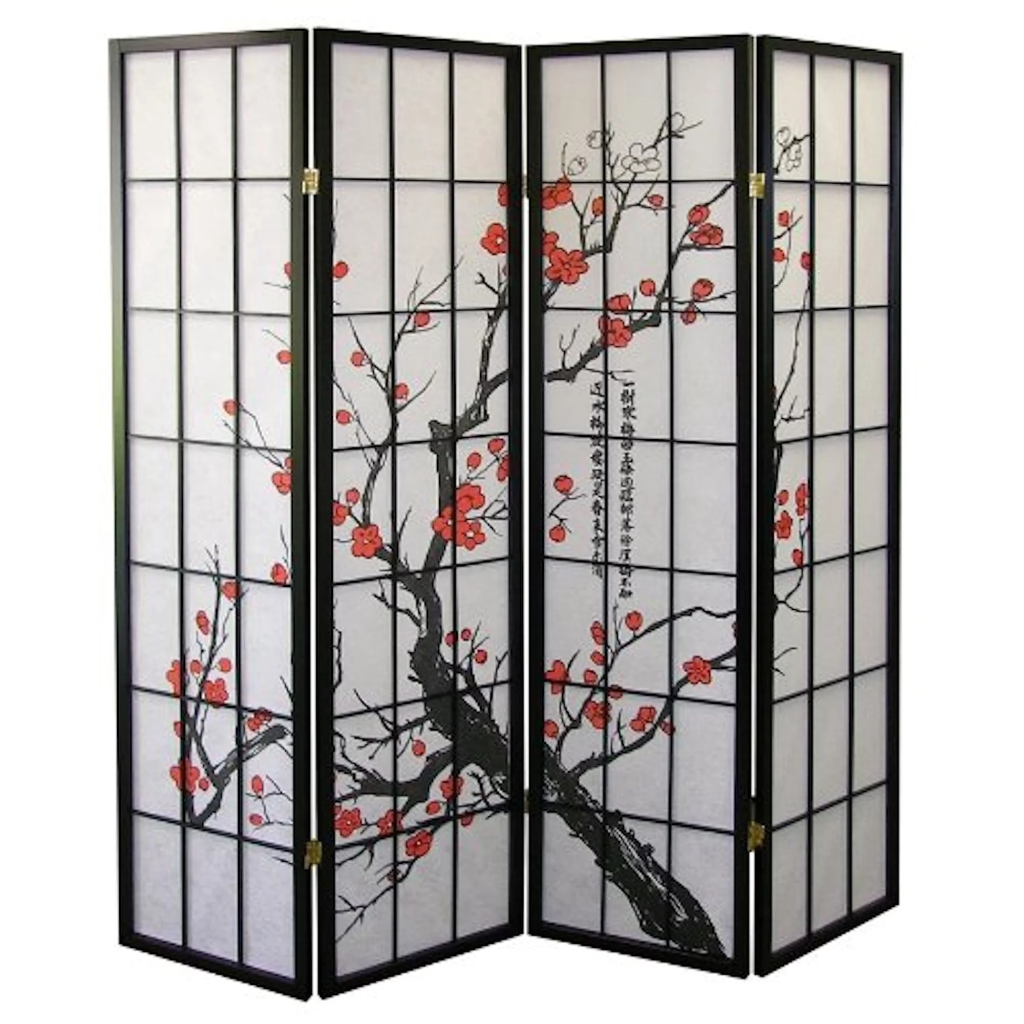 Legacy Decor Plum Blossom 4 Panel Room Divider, 71" Tall, Black