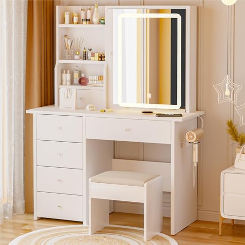 ALEAVIC Vanity Desk with Mirror and LED Lights, Makeup Vanity Set with Power Outlet, and Stool,Jewelry Storage,White Vanity Desk for Bedroom