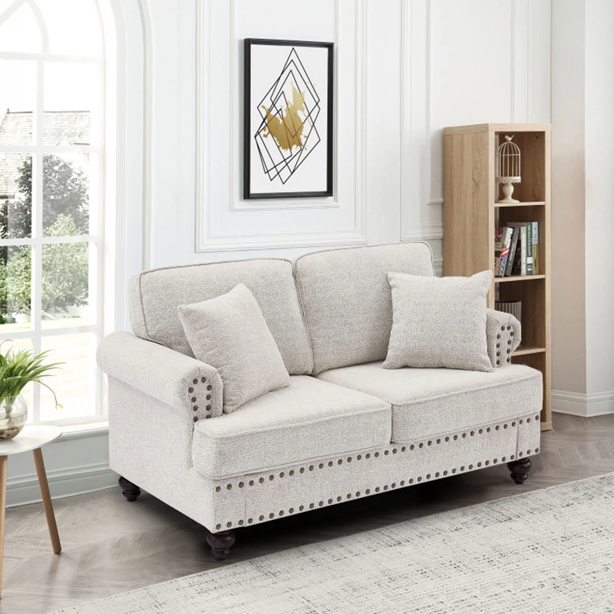 Muumblus Mid-Century Loveseat Sofa, 2 Seater Sofa with Nailhead, 61" Chenille Upholstered Couches for Living Room, White