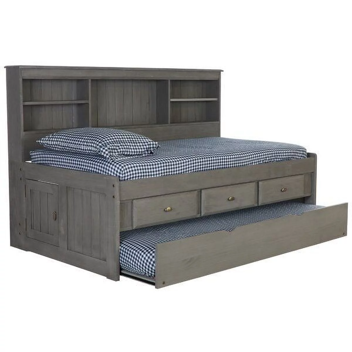 Discovery World Furniture - Twin Size Bed Frame with Headboard Bookcase Captain Day Bed with 3 Drawers & Twin Trundle