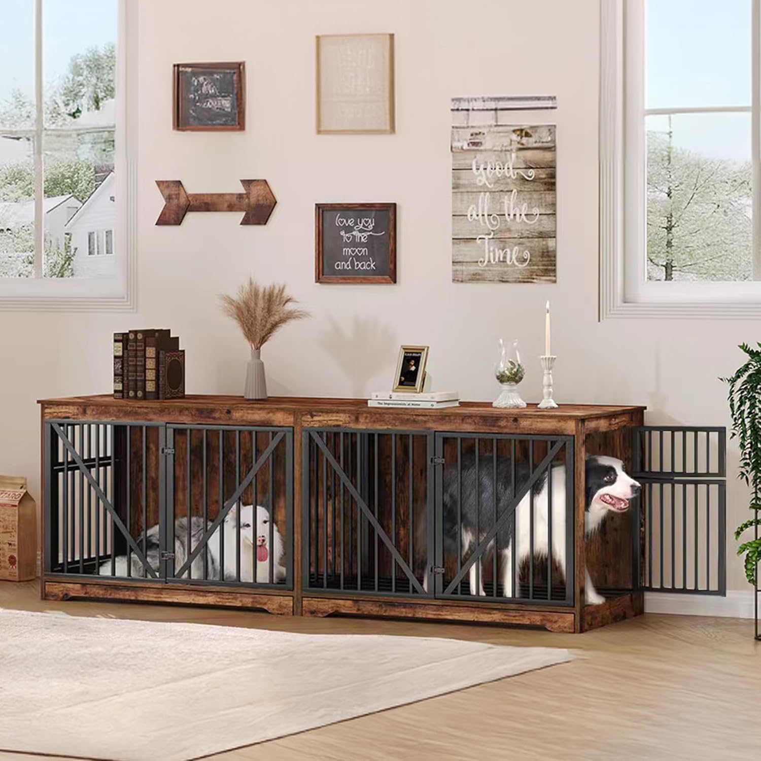 76.4" Dog Crate Furniture with Divider for 2 Dogs, Large Dog Kennel Indoor with Adjustable Door, Tray