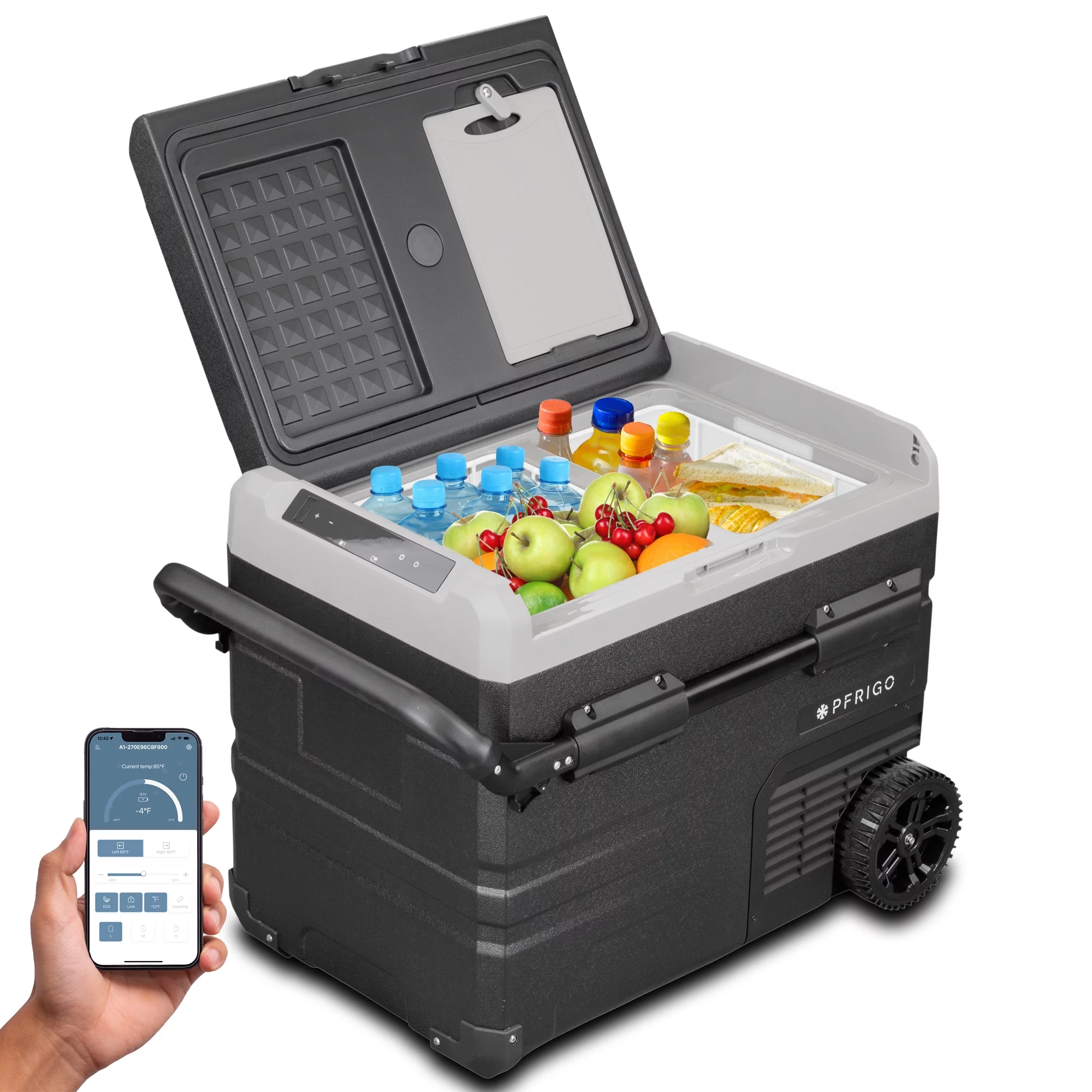 PFRIGO Car Fridge 48 Quart (45L) Portable 12v Cooler with Rolling Wheels, Pull Handle, Dual Temperature Control App