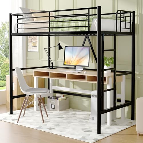 VECELO Metal Loft Bed Twin Size, Heavy Duty Bedframe with Removable Ladder and Safety Guardrail, Space-Saving, Noise Free, No Box Spring Needed