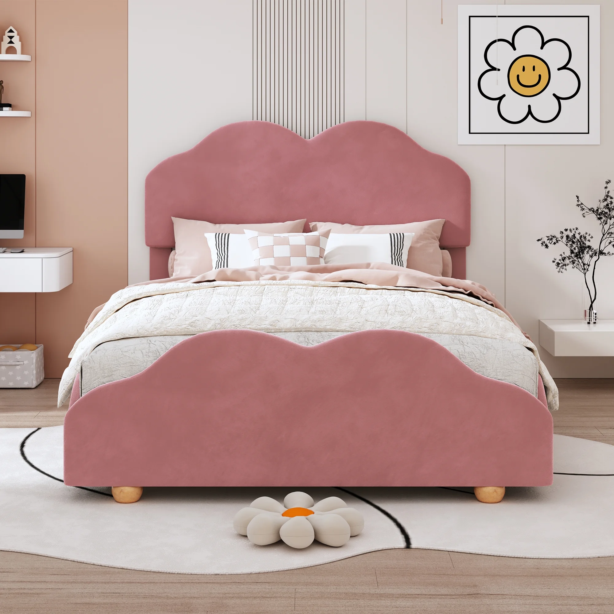 uhomepro Upholstered Full Size Bed Frame, Platform Bed Frame with Upholstered Cloud Shaped Headboard, Wood Slat Support, No Box Spring Needed