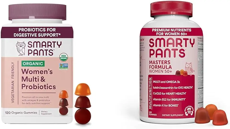 SmartyPants Organic Women's Multivitamin Gummies Bundle: Biotin, Omega 3, Vitamin D3, B12, Folate + Masters Formula for Women 50+ with Lutein
