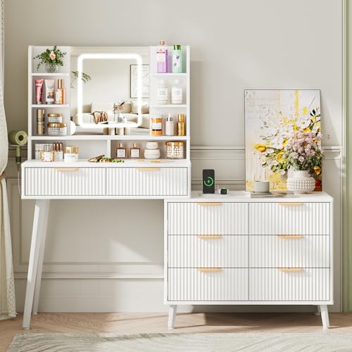 Maupvit Vanity Desk with Mirror and Lights, Makeup Vanity with 8 Drawers & Shelves, Corner Vanity, L Shape Change & Storage