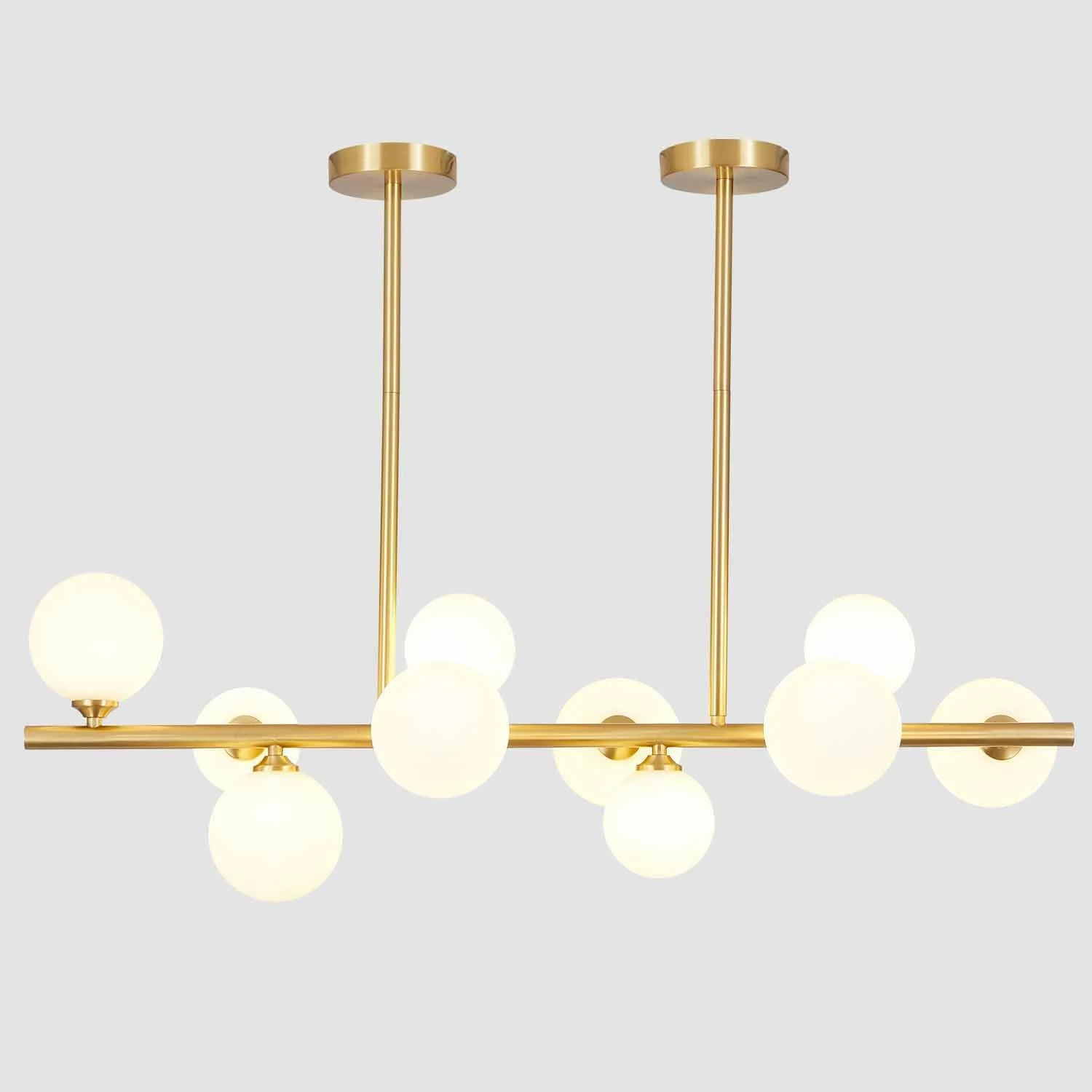 WANHUI Modern Gold Globe Sputnik Chandelier Mid Century Brass Linear Chandelier 10-Lights Frosted White Glass Ball Pendant Light Ceiling Lamp Dining