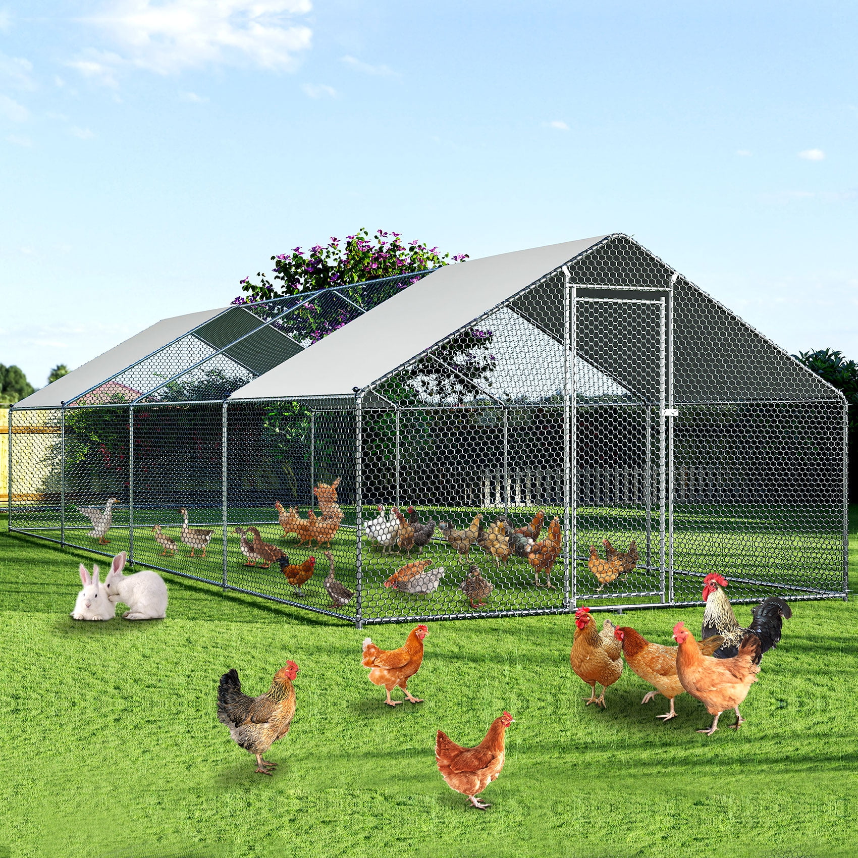 TCFUNDY 27x10ft Large Chicken Coop, Backyard Chicken Pen Run House with Wateroof & Sun-Proof Cover, Outdoor Walk-in Chicken Runs for Yard