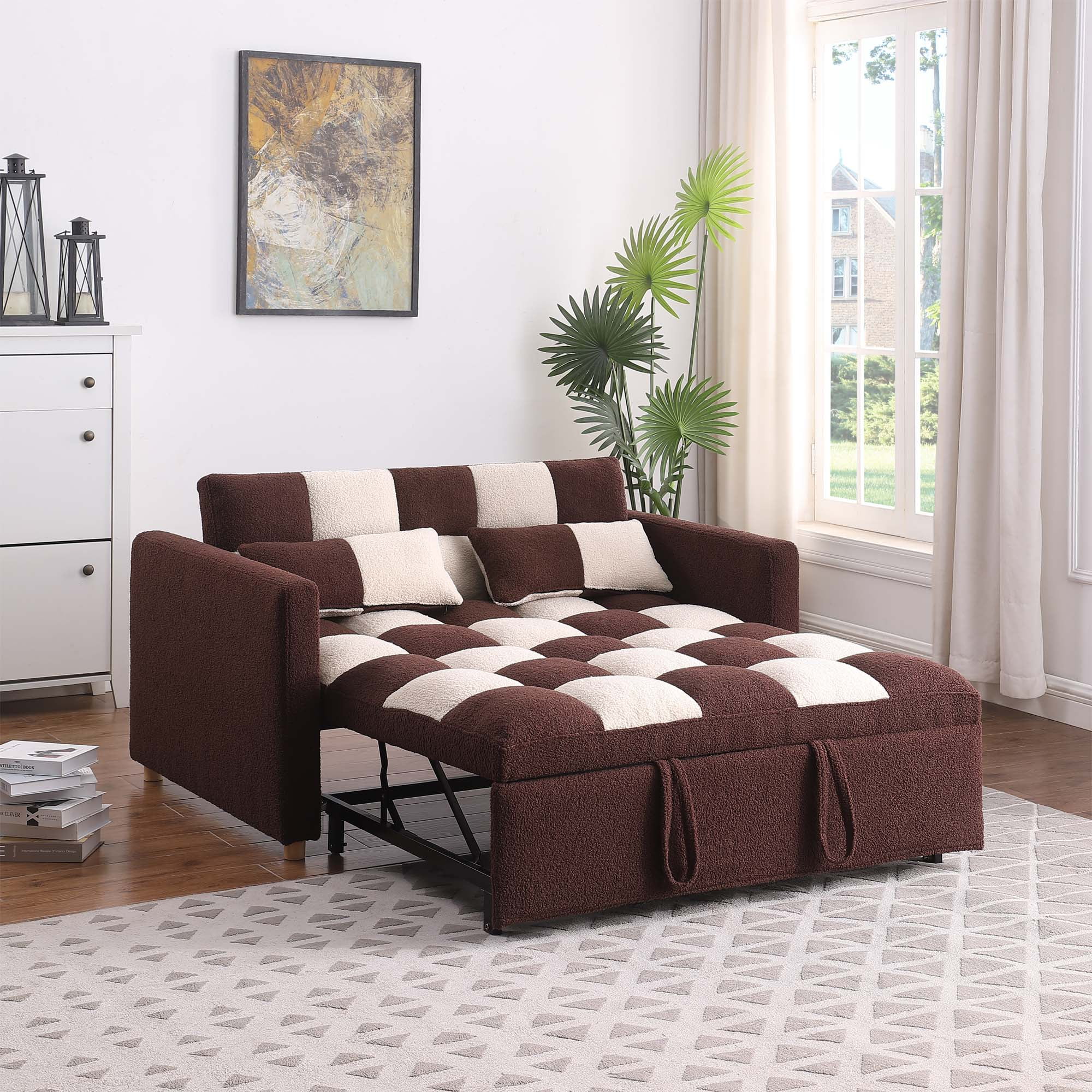 Zechuan 3 in 1 Pull Sleeper Sofa Bed, Small Teddy Convertible Futon Couch Bed with Adjustable Backrests, Modern Loveseat with 2 Pillows