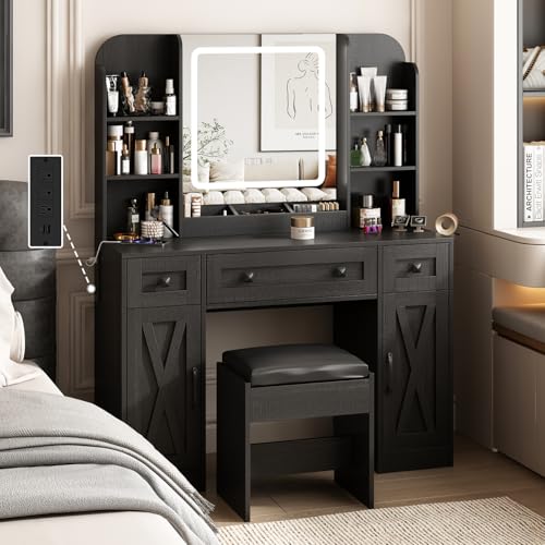 Vabches Makeup Vanity Desk, Vanity Mirror with Lights Desk and Chair,Makeup Table with 3 Large Drawers and 2 Cabinets, Time and Temperature Display