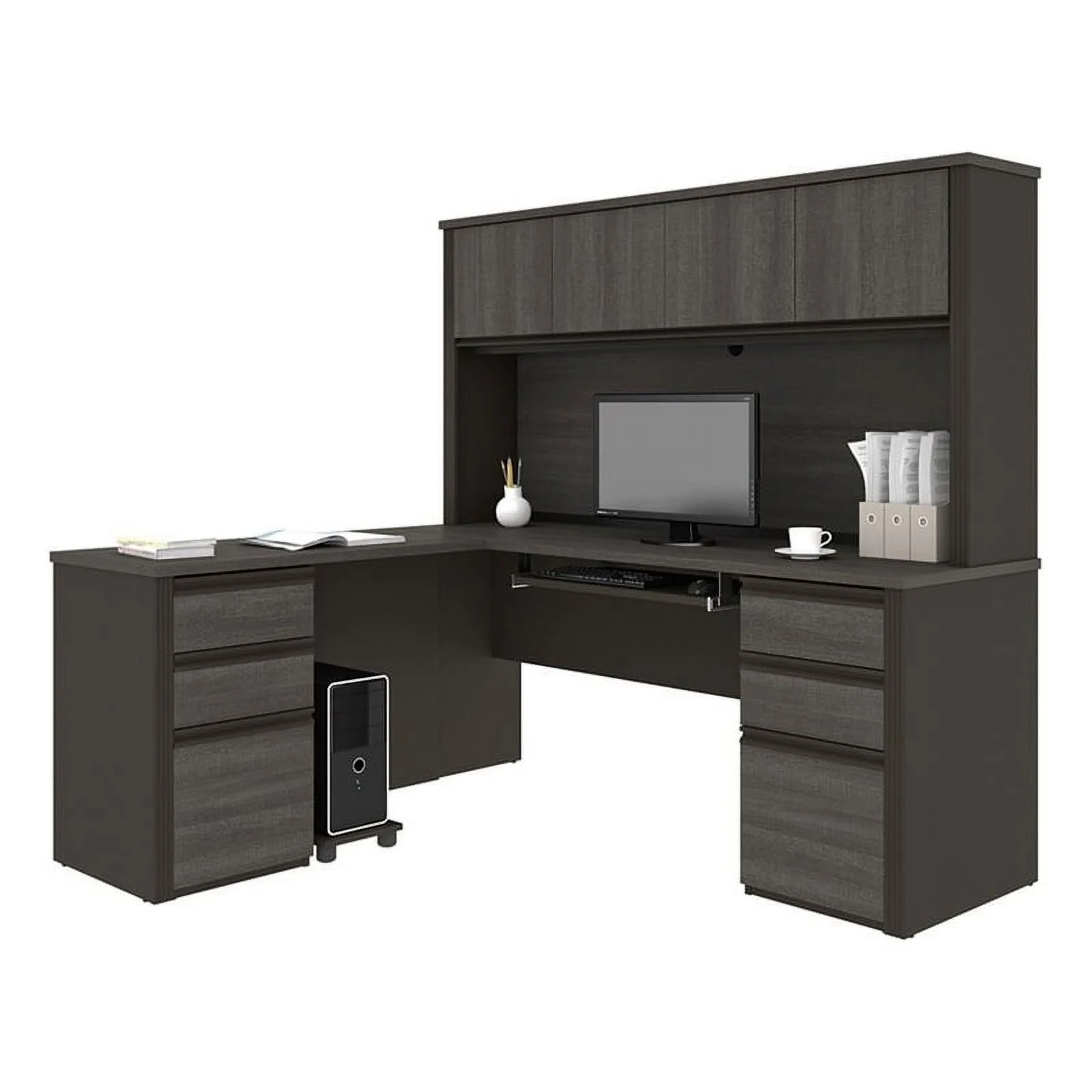Atlin Designs 6 Piece Wood L Shaped Computer Desk with Hutch in Bark Gray
