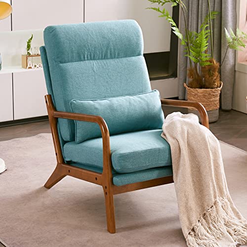 Bonnlo High Back Linen Beige Mid Century Modern Accent Chair, Soild Wood Padding Lounge Armchairs Side Sitting Chairs for Living Room, Bedroom