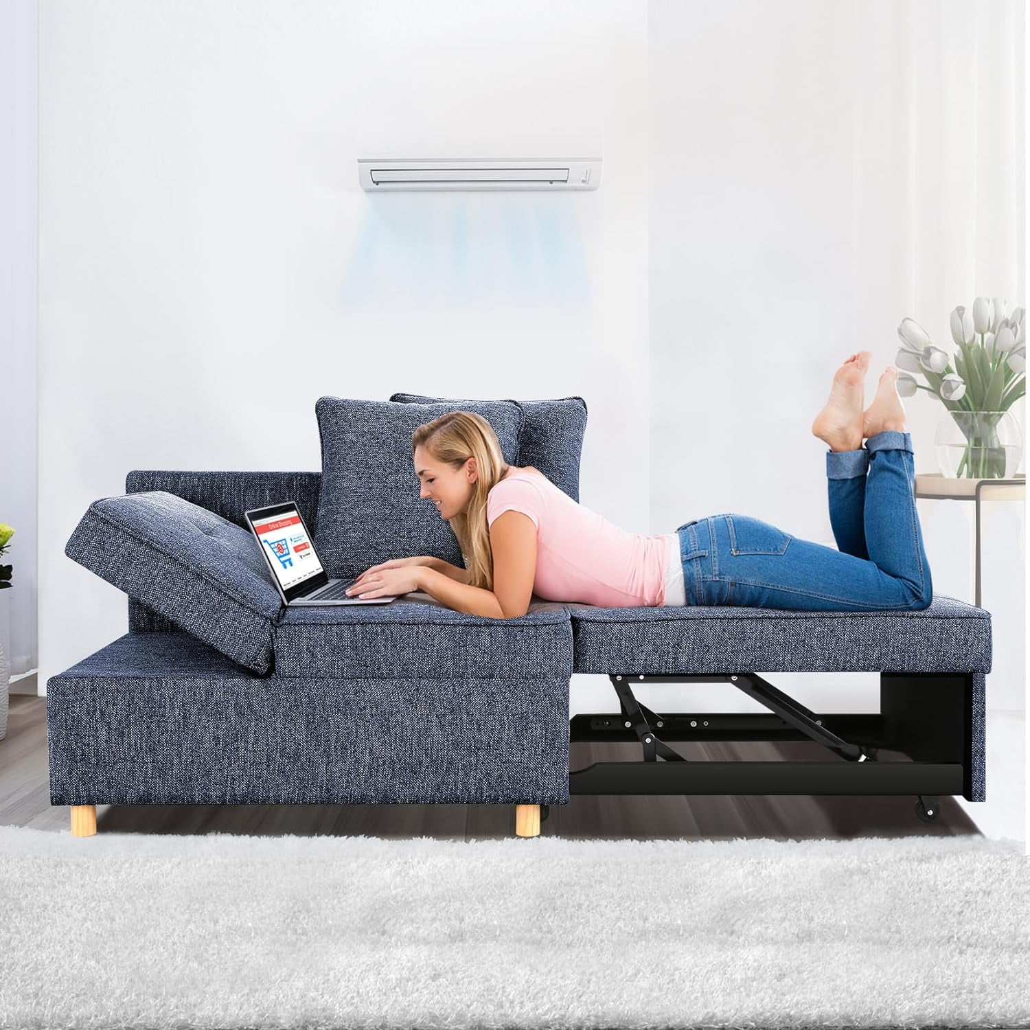 Linen Sofa Beds Chair, 4 in 1 Convertible Chair Sleeper Bed with 5 Adjustable Backrest and 2 Pillows, Blue