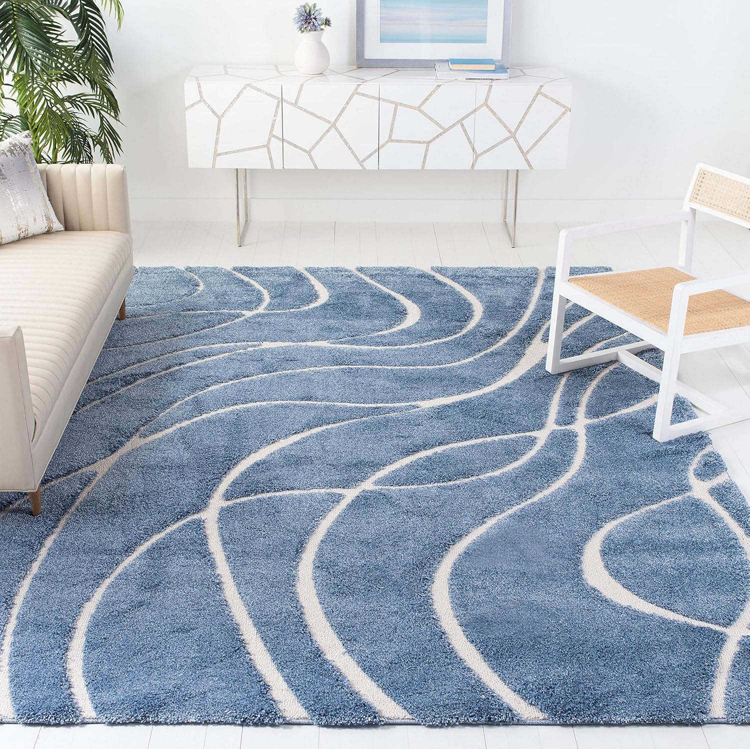 SAFAVIEH Florida Shag Collection Area Rug - 8'6" x 12', Light Blue & Cream, Non-Shedding & Easy Care