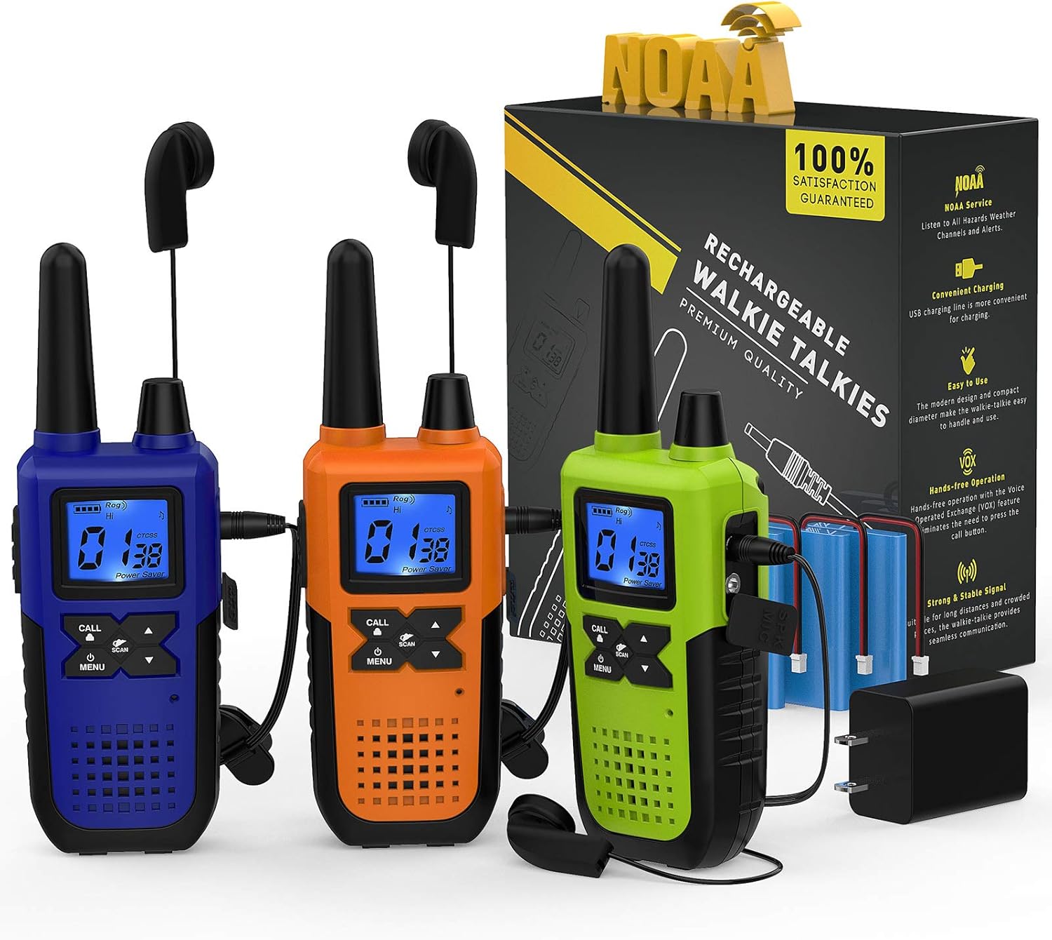 4 Long Range Walkie Talkies Rechargeable for Adults - NOAA 2 Way Radios Walkie Talkies 4 Pack