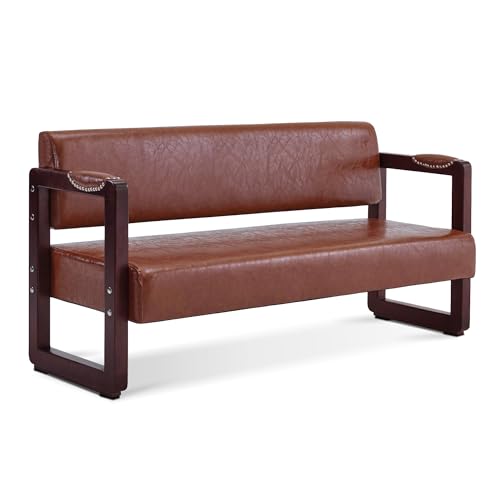 BarberPub Waiting Room Chairs, Bench with Backrest, Modern Style Leather Bench with Rivets, Faux Leather Armed Bench