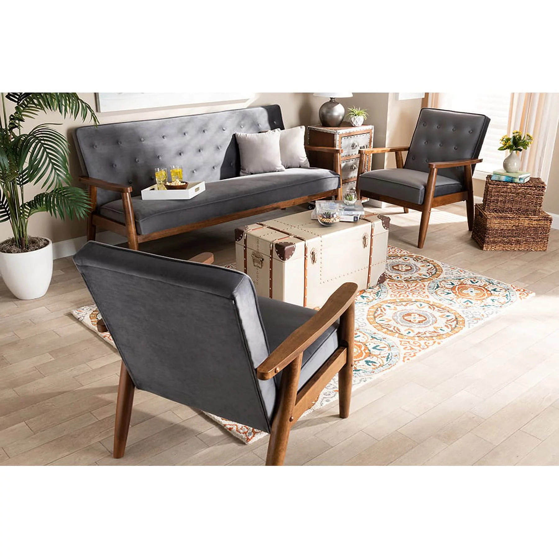 Baxton Studio Sorrento Mid-century Modern Grey Velvet Fabric Upholstered Walnut Finished 3-Piece Wooden Living Room Set