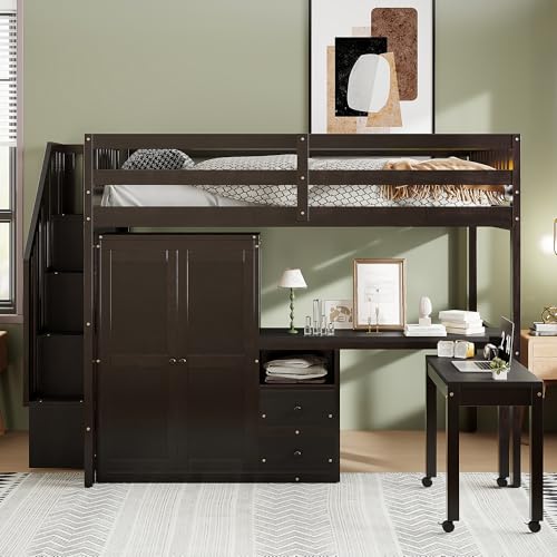 Harper & Bright Designs Twin Size Loft Bed with Stairs and Bookshelf, Wood Twin Storage Bed with Desk & Wardrobe