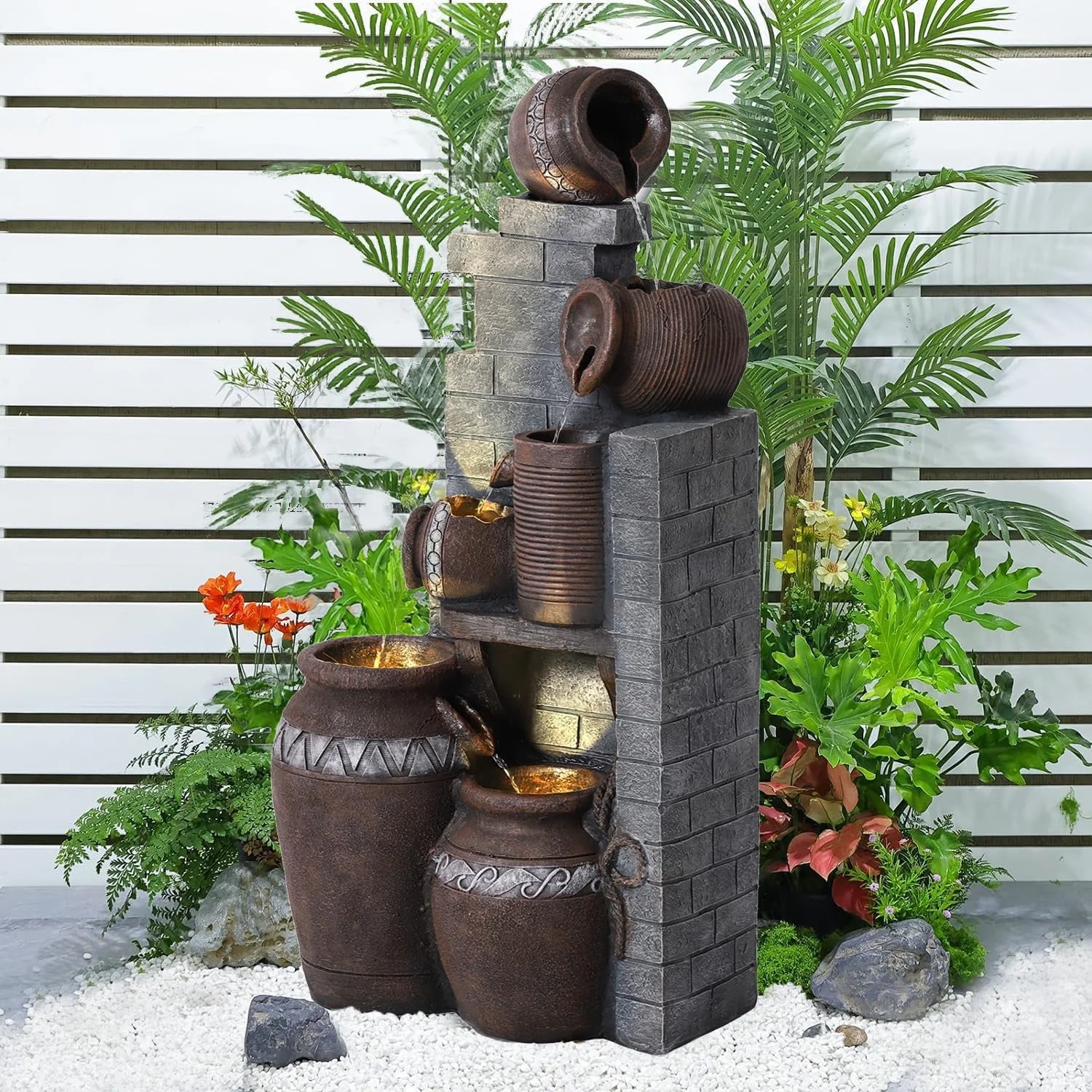 Haverchair 39.3" Outdoor Water Fountain with LED Lights 5 Tiers Modern Cascading Large Outdoor Fountain with Lights for Garden, Patio, Backyard, Deck