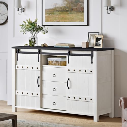 REAHOME Farmhouse Dresser for Bedroom Wood Dresser 48" Wide Modern Chest of Drawers with 3 Drawers & 2 Sliding Barn Doors Rustic Dresser TV Stand for