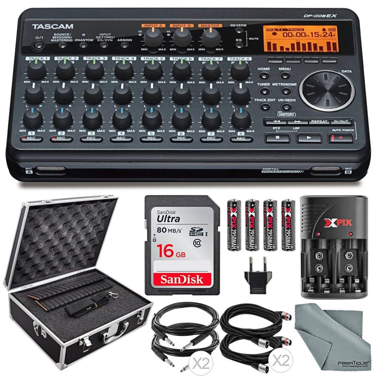 Tascam DP-008EX 8-Track Digital Pocketstudio Bundle with Protective Case +Rechargerbale Batteries & Charger + Cables + 16 GB + Fibertique Cleaning