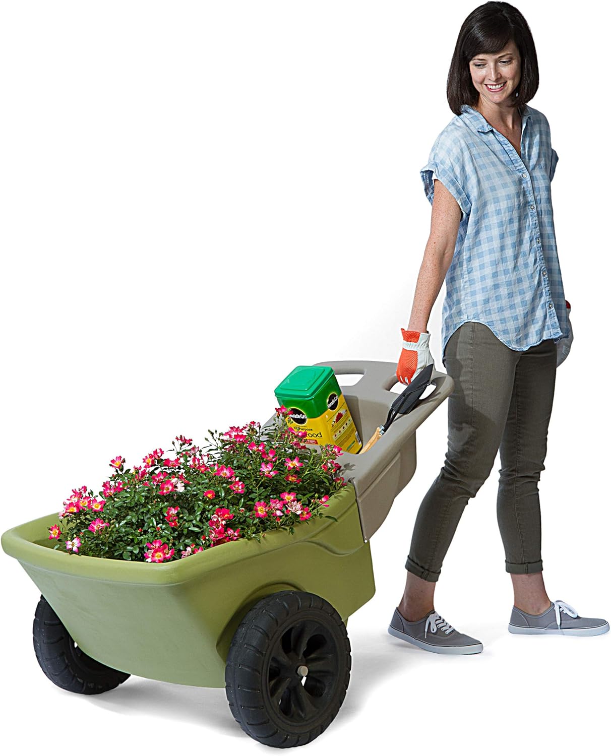 Simplay3 Easy Haul Plastic Wheelbarrow w/Garden Tool Storage Tray, 4 Cubic ft. Capacity, 2 Wheels - Green