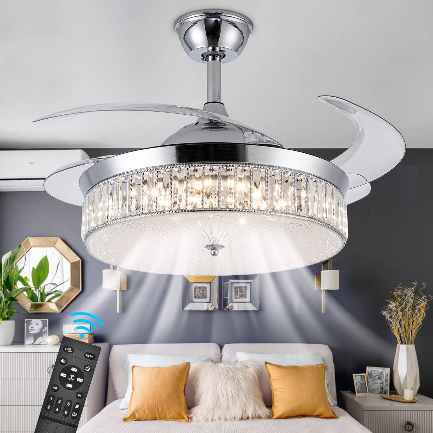 42" Retractable Crystal Ceiling Fans with Lights, Stepless Dimmable Chandelier Ceiling Fans Remote Control Invisible Blades