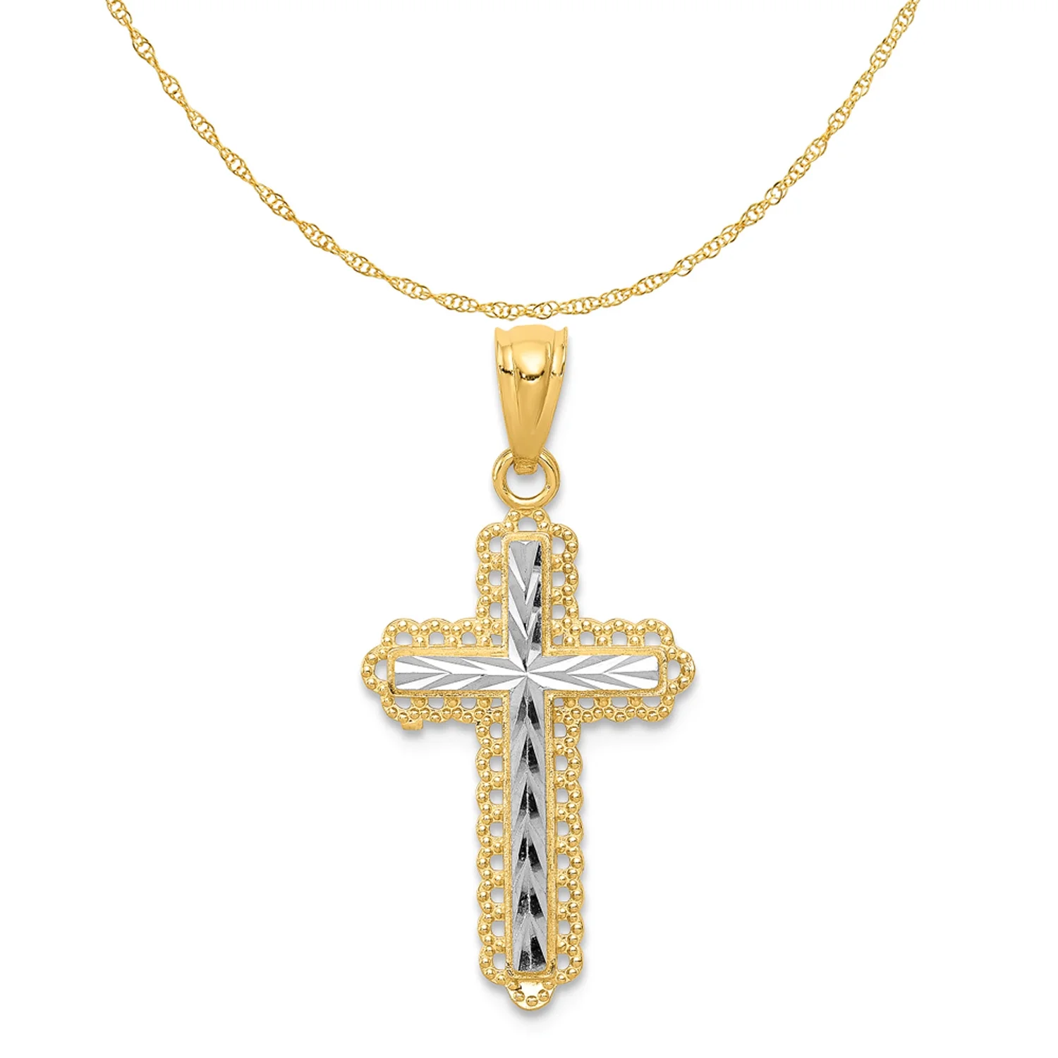 14K Two-Tone Gold Rhodium Plated Diamond Cut Cross Pendant (21 mm X 13 mm) With 14K Yellow Gold Light Weight Rope Chain 16"
