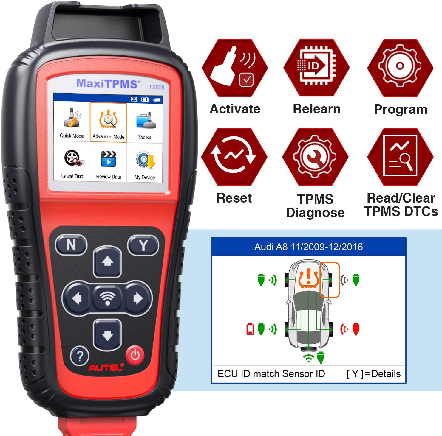 Autel MaxiTPMS TS508 TPMS Relearn Tool with 2 Modes Options, All Known TPMS Sensors Activation/Relearn/Reset, Program MX-Sensor(315 MHz/433 MHz)