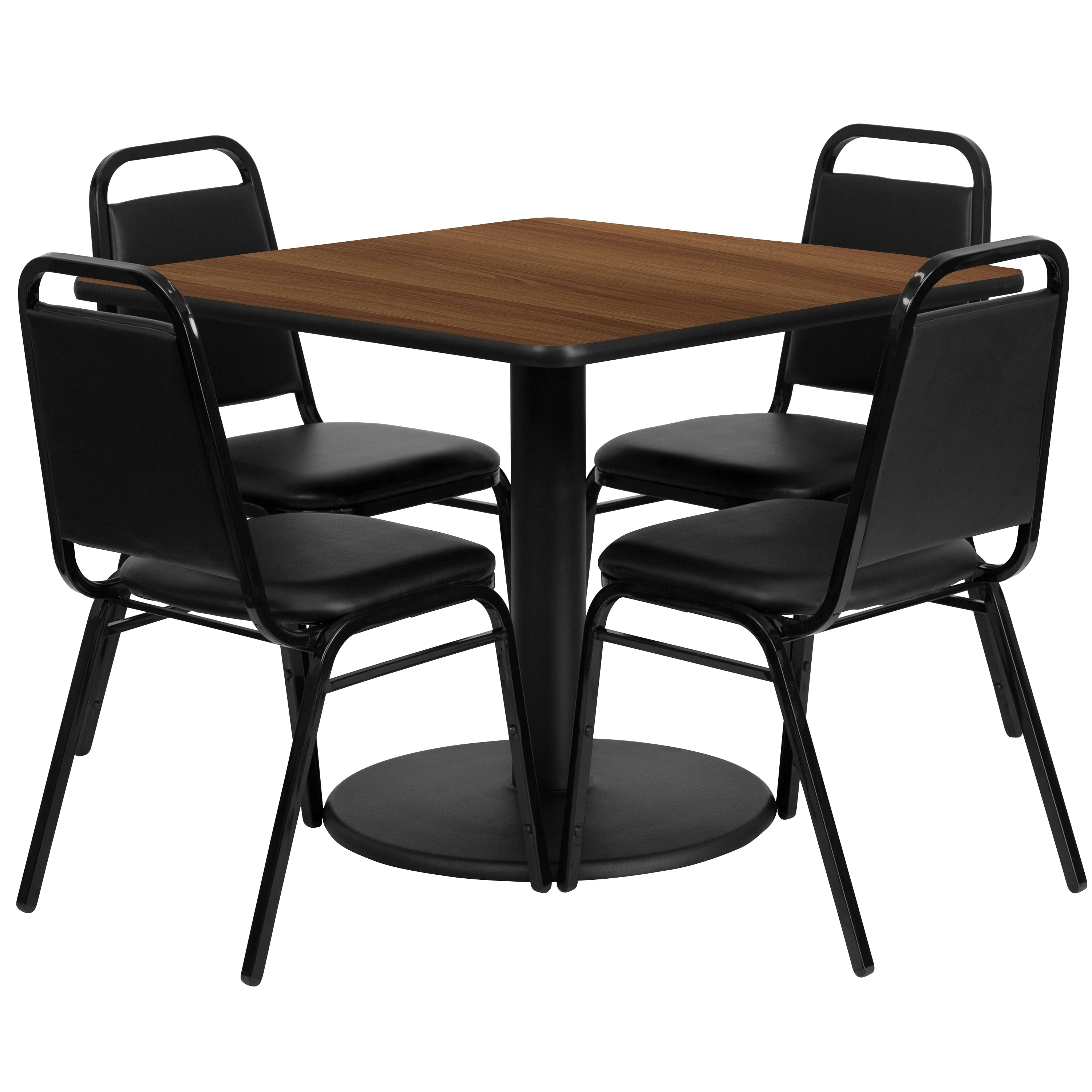 Lancaster Home 36'' Square Table Set with Round Base and 4 Trapezoidal Back Banquet Chairs
