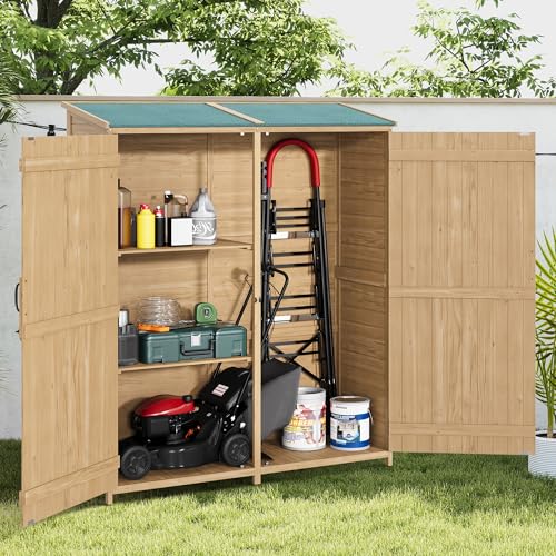 Outdoor Storage Shed with Waterproof Asphalt Roof 2 Removable Adjustable Shelfs and Double Lockable Doors Garden Tool Storage Cabinet with Side Shelf