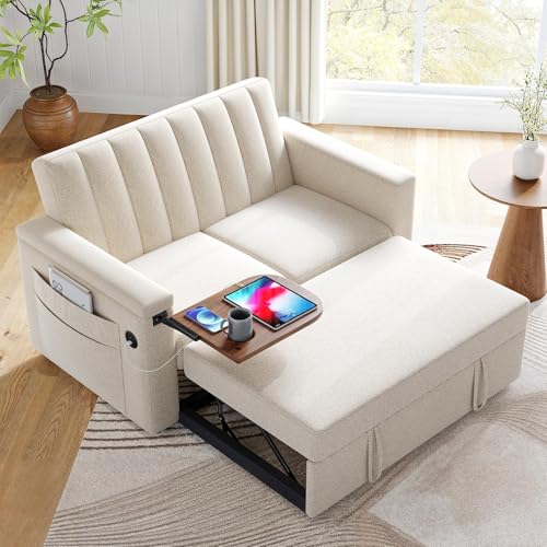 Marsail Sofa Bed, 3-in-1 Convertible Sleeper Sofa, Futon Couch with USB Charging, Side Pockets & Adjustable Backrest, Pull Out Couch for Living Room