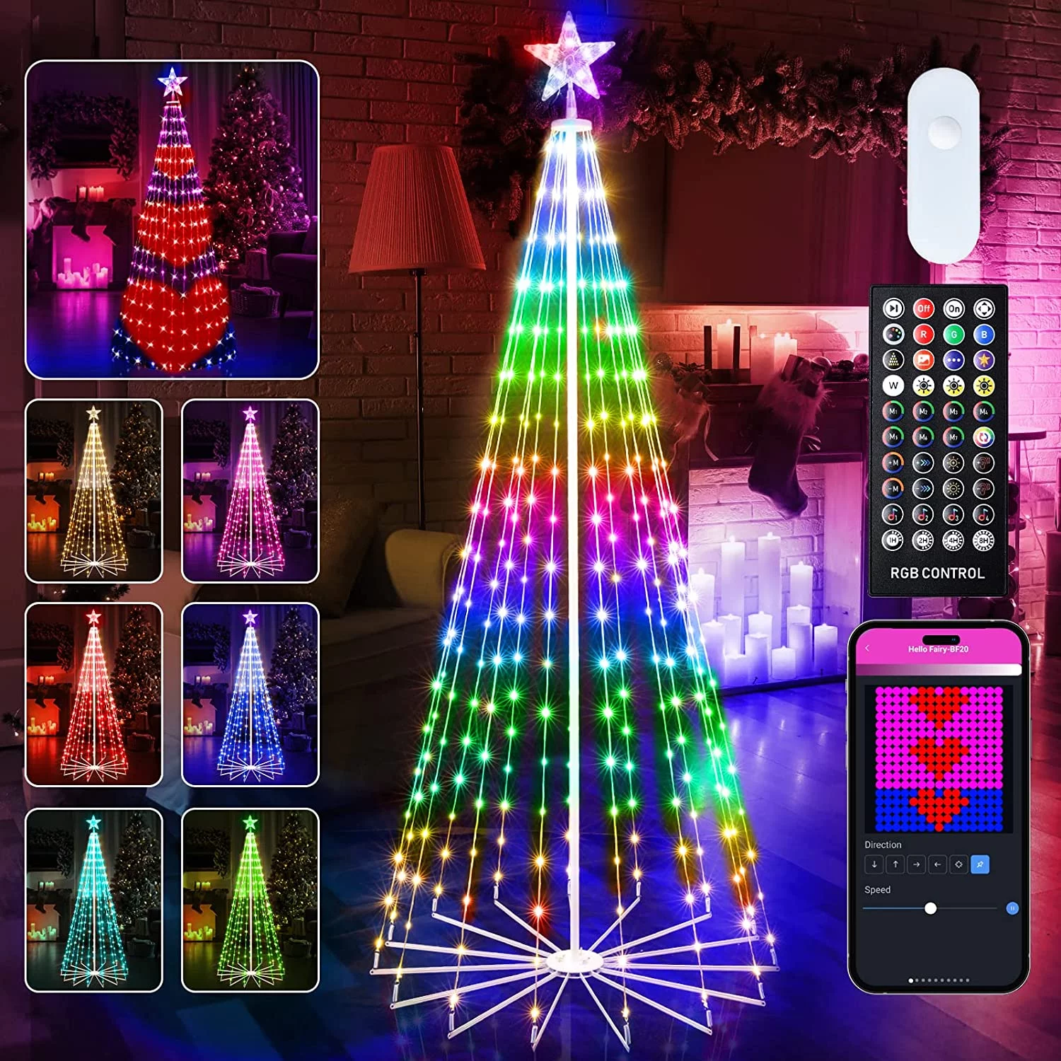 Brightown Smart Christmas Cone Tree LED Light, 6ft 265 LED Music Sync with Remote APP, Local Control, Pattern and Text Displayable
