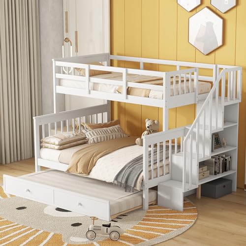 Harper & Bright Designs Twin Over Full Bunk Bed, Wood Twin Over Full Bunk Bed Frame with Trundle and Storage Shelves