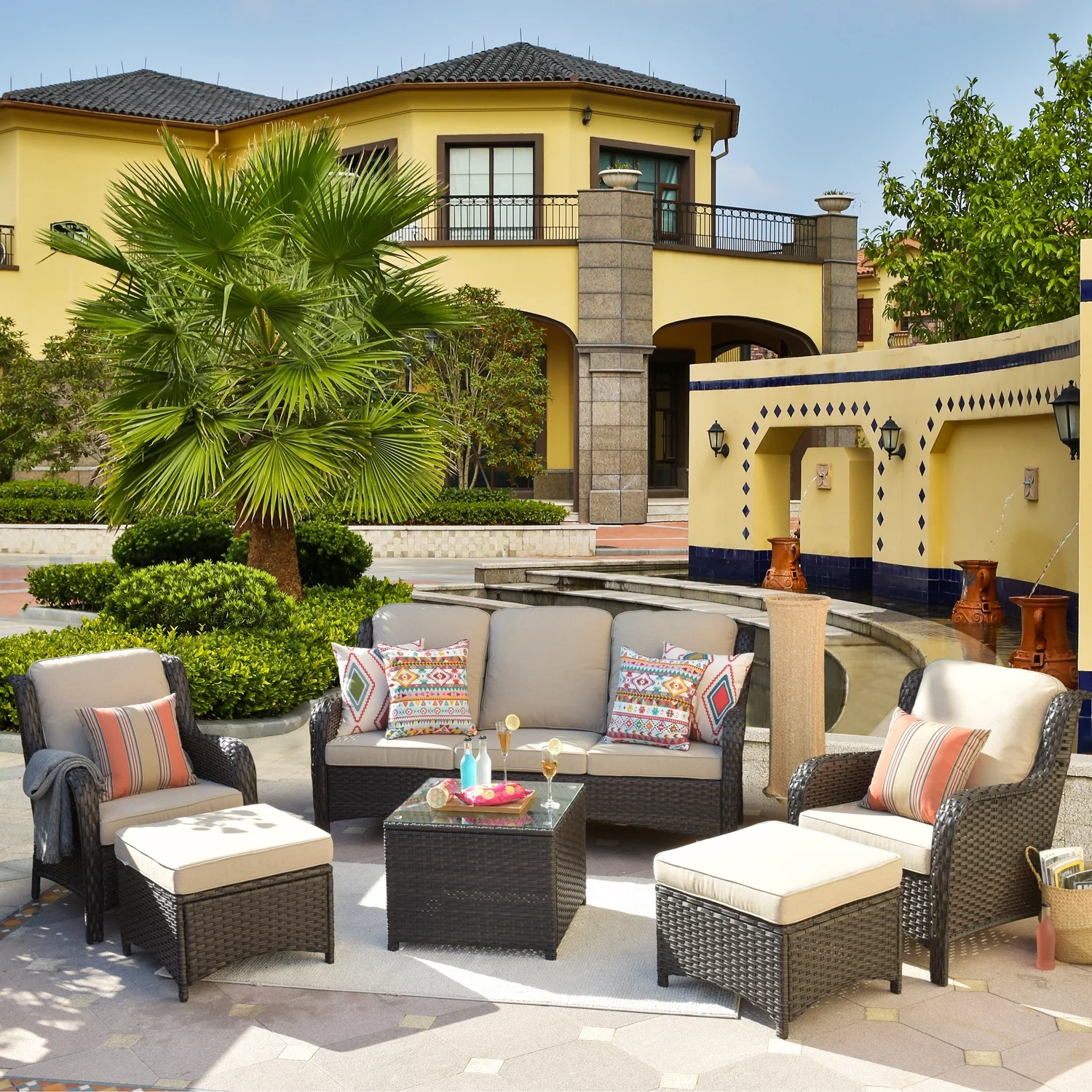 Ovios 6 Pieces Outdoor Patio Furniture Wicker Conversation Set Sectional Couch with Cushions & Glass Table