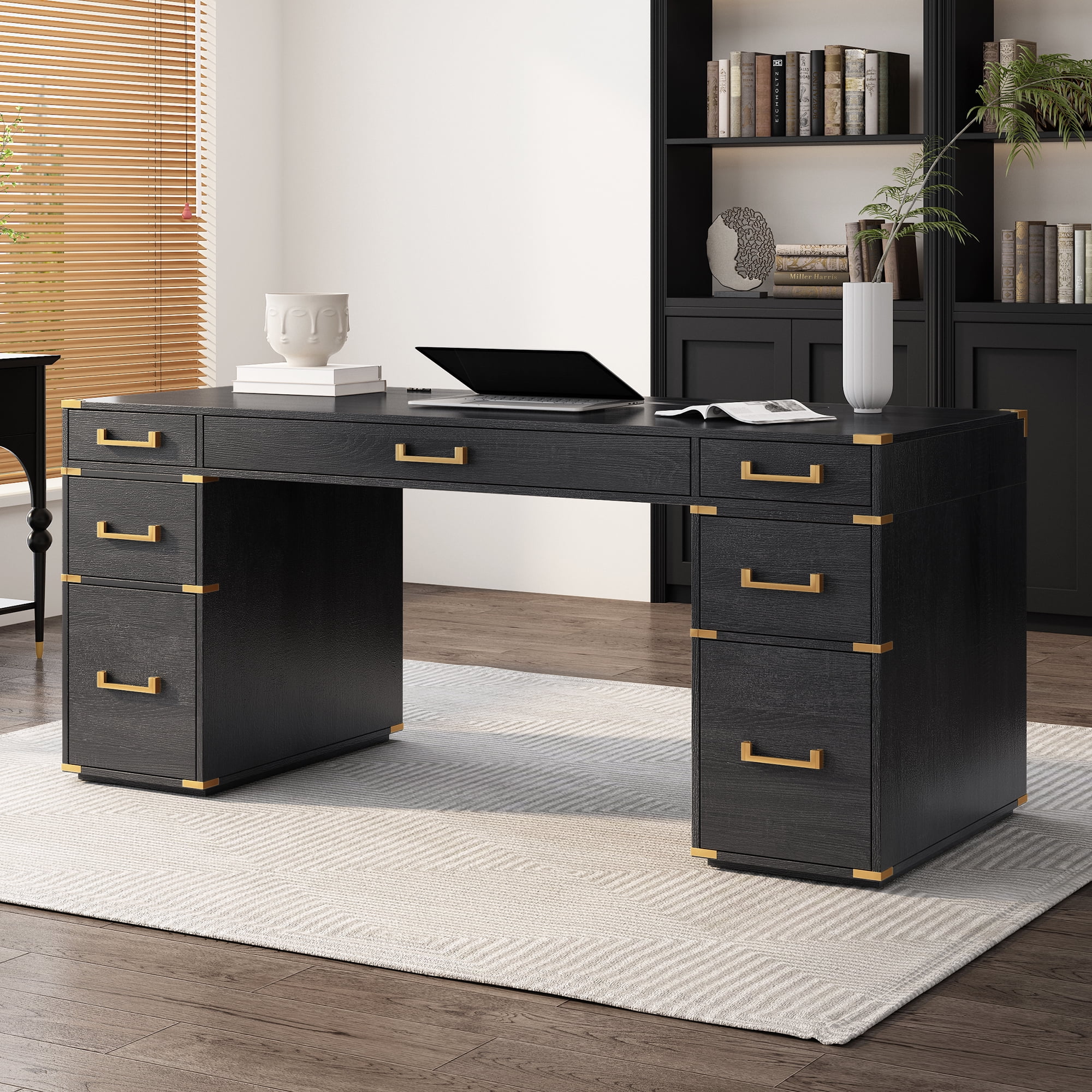 70"Classic and Traditional Executive Desk with Metal Edge Trim ,Writing Desk with 2 File Drawers,Usb Ports and Outlets