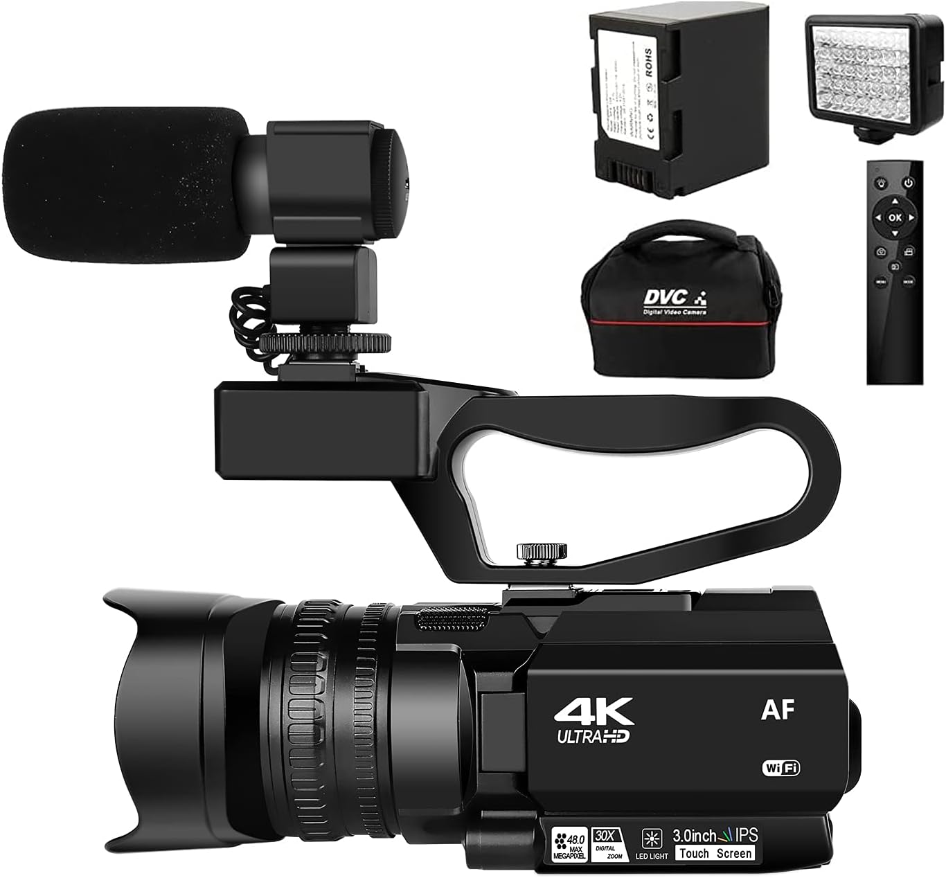 4K HD Newest Auto Focus Video Camera 48MP 60FPS 30X Digital Zoom Camera for YouTube with LED Fill Light Camcorder 4500mAh Battery, Remote Control