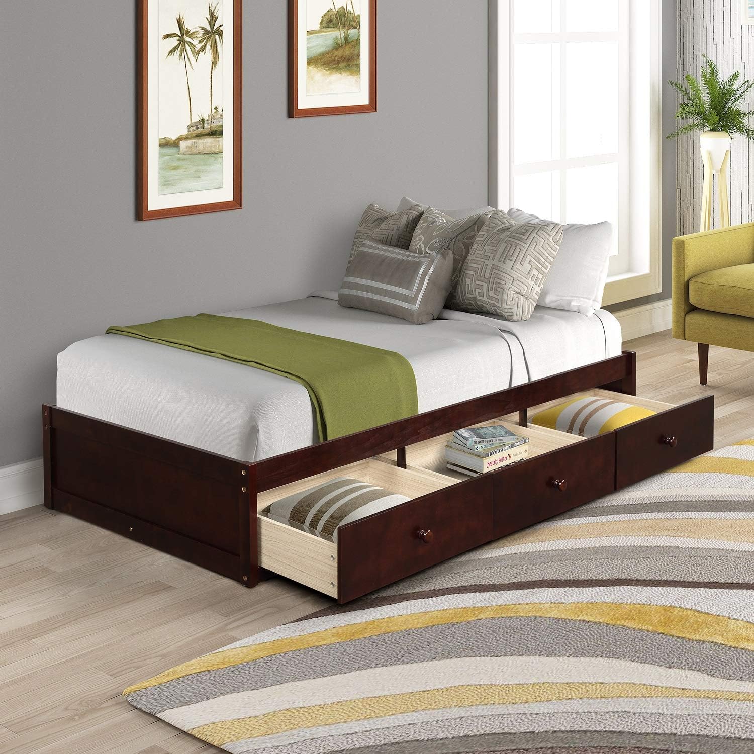 Danxee Twin Bed with Storage Platform Bed with 3 Drawers Captain Bed Frame (Brown Cherry)